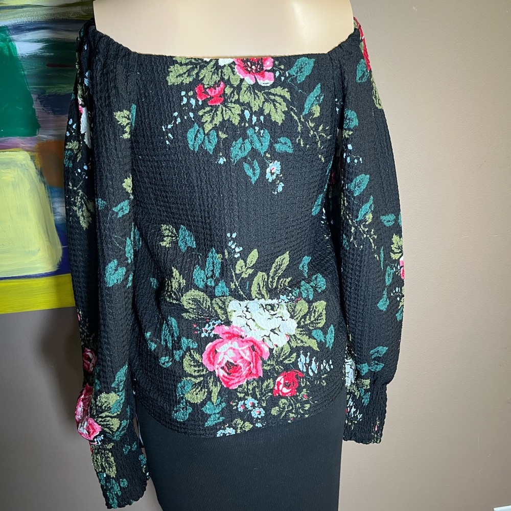 LOFT Black Floral XS Square Neck Blouse Knit Peasant Top Smocked Puff Sleeves - Picture 10 of 17